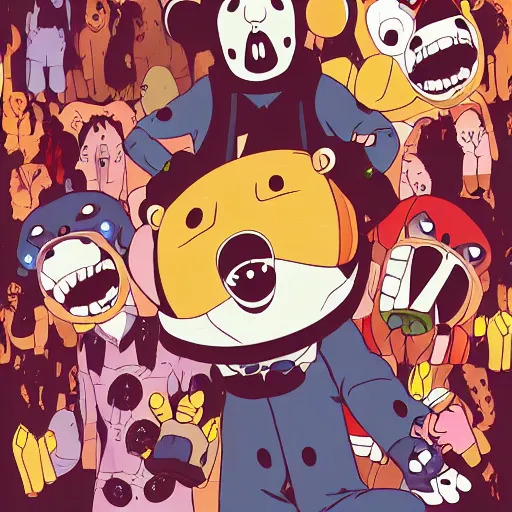 Image similar to happybears!, happy bears! kill union, humanoid bears, bear costumes, happy faces, evil happy faces, rollerblading, rollerskates, four humanoid bears, 2 0 0 1 anime, flcl, golden hour, japanese town, cel - shaded, strong shadows, vivid hues, y 2 k aesthetic