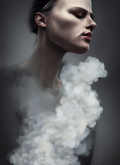 Image similar to fullbody portrait of finnish woman made partly out of smoke vanishing slowly as an smoke to the air, realistic smoke, elegant, highly detailed, digital illustration, trending in artstation, trending in pinterest, glamor pose, concept art, smooth, sharp focus, art by artgerm and greg rutkowski