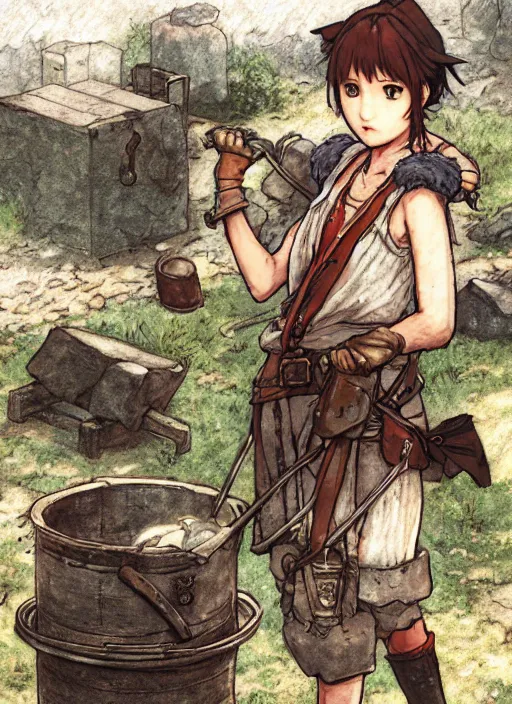 Image similar to tomboy blacksmith at the smithy, hidari, color page, tankoban, 4K, tone mapping, Akihiko Yoshida.