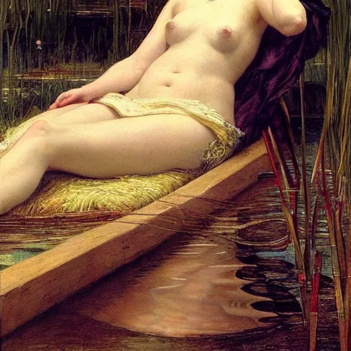 Prompt: breathtaking masterpiece of art, elizabeth eleanor siddall as ophelia laying down in shivasna floating down the river amongst the reeds fully clothed in flowing medieval robes by rosetti and william holman hunt, 8 k