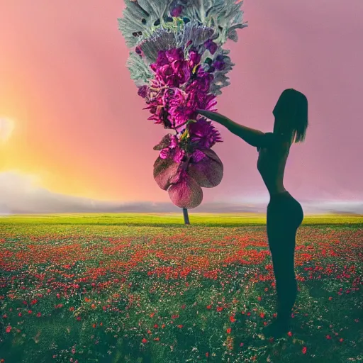 Image similar to A picture of a planet of various flowers, fungus and plants, in which the human figure is dressed in something magical and impressive, inside the picture is infinity, sunset light, Atmospheric phenomenon, artistic photography, muted colors, conceptual