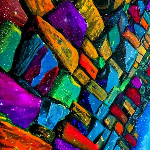 Image similar to Colourful crystals piercing through the walls of a dark gloomy stone cavern 🎨🖌️