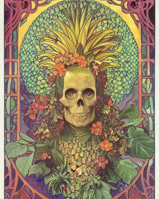 Prompt: a poster of a Carved ancient skull with pineapple leaves growing out of the top art surrounded by varities of flowers, cell shading, voronoi, fibonacci sequence, sacred geometry by Alphonse Mucha, Moebius, hiroshi yoshida, Art Nouveau, colorful, ultradetailed, vivid colour, 3d