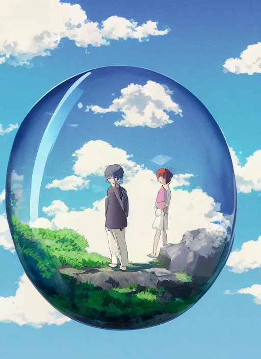 Image similar to an asymmetrical cell - shaded studio ghibli concept art study of a dark cube inside a transparent bubble in the sky. wide shot, very dull colors, hd, 4 k, hq