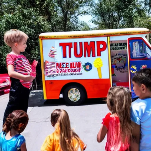 Image similar to donald trump in an ice cream truck giving ice cream to children