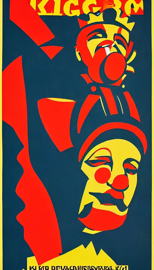 Image similar to a propaganda poster of king clown, soviet - era, 1 9 6 0 s, color palette, cold war, colors