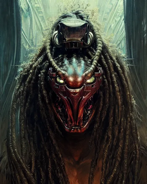 Image similar to a portrait of the predator fantasy character portrait, ultra realistic, cinematic, concept art, wide angle, intricate details, hologram, highly detailed by greg rutkowski, aaron horkey, gaston bussiere, craig mullins, simon bisley, arthur rackham