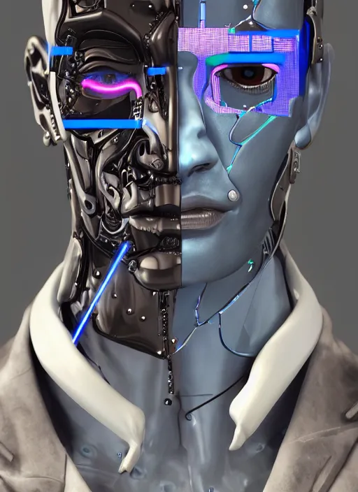 Prompt: side facial portrait of a cyberpunk bone ceramic caliente humanoid robot Brasileiro with an attractive face and handsome features, large blue laser eyes, macho, piroca, dotado, guapo, reflective surface, trending on cgsociety, trending on artstation