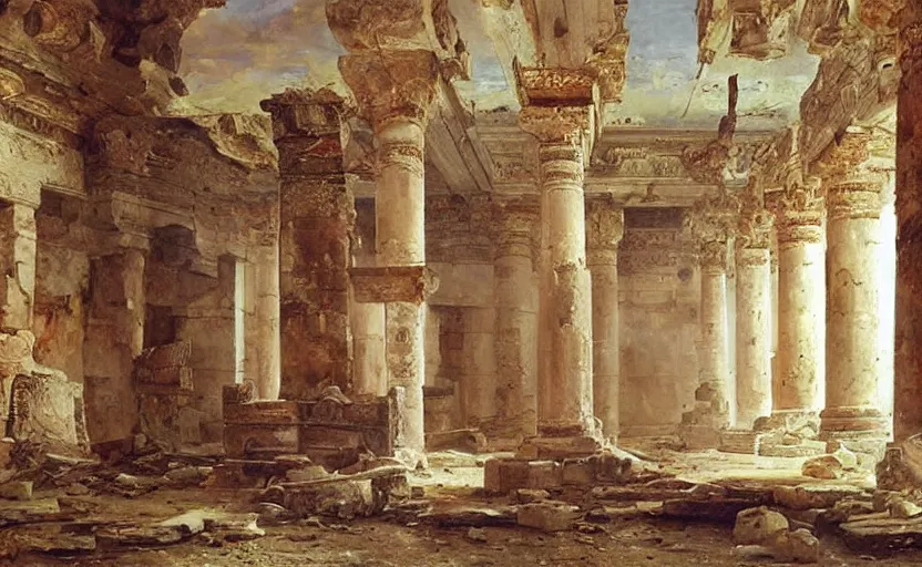 Prompt: The interior of an mytical and ancient temple in ruins. By Konstantin Razumov, highly detailded