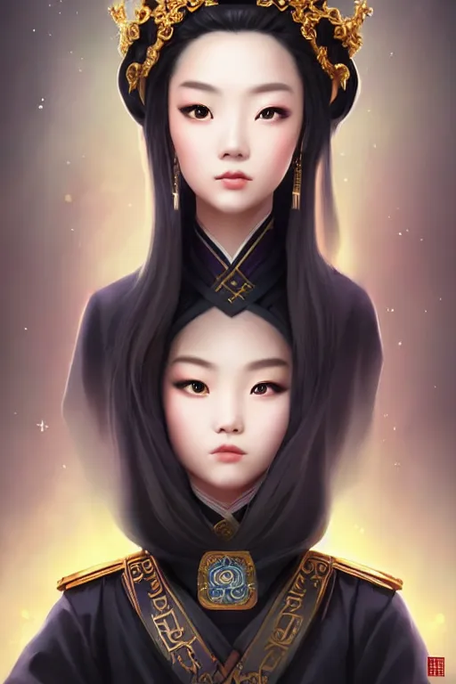 Image similar to a lovely and shiny young empress of qing dynasty, face by artgerm, ross tran, fuji choko, loish, 8 k resolution, attractive, symmetrical portrait, beautifully detailed landscape of ruin, trending on pixiv and pinterest, charming black eyes, luxury, perfect face, smooth, dreamlike