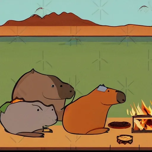 Image similar to capybaras camping on the seaside and one is playing guitar around the fire by yuga labs and by pendleton ward