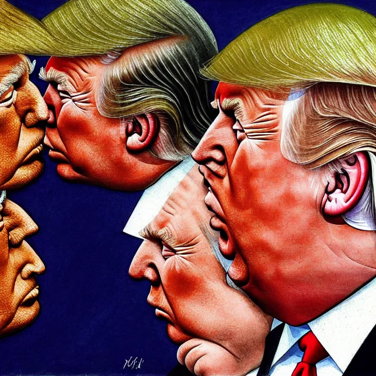 Prompt: putin and trump ftaternal kiss, art by dmitri vrubel