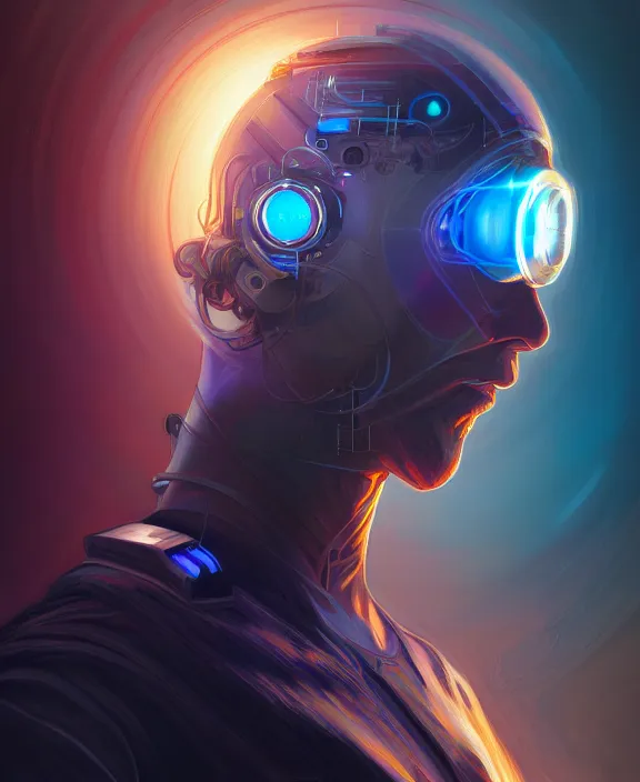 Image similar to a whirlwind inside the metaverse, guy, male, man, hologram, half body, neurochip, android, cyborg, cyberpunk face, by loish, d & d, fantasy, intricate, elegant, highly detailed, colorful, digital painting, artstation, concept art, art by artgerm and greg rutkowski and alphonse mucha