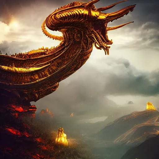 Image similar to golden eastern sky dragon, alien flowers, landscape wide shot, thunderstorm, unreal 5 render, digital art, octane render, beautiful composition, trending on artstation, award - winning photograph, masterpiece