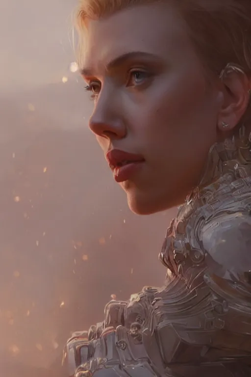 Prompt: a fancy portrait of Scarlett Johansson in crystal armour by Greg Rutkowski, Sung Choi, Mitchell Mohrhauser, Maciej Kuciara, Johnson Ting, Maxim Verehin, Peter Konig, final fantasy , mythical, 8k photorealistic, cinematic lighting, HD, high details, atmospheric,