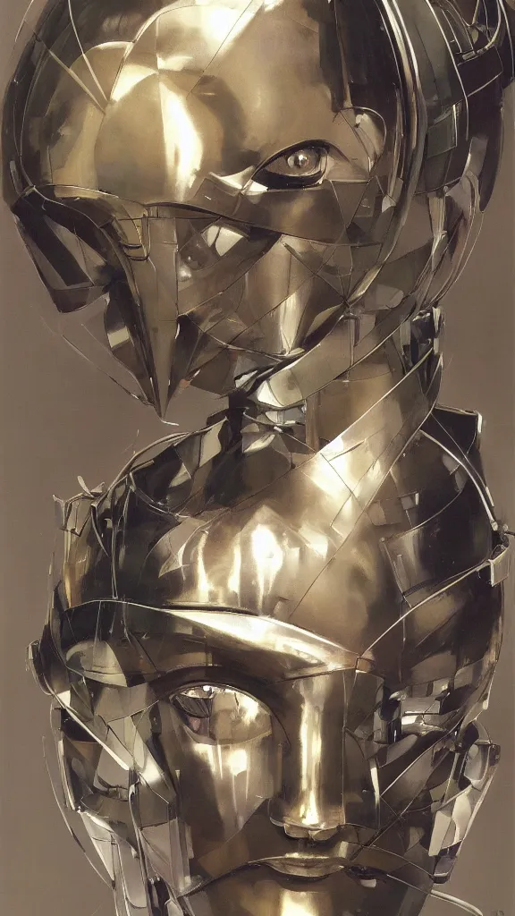 Image similar to a portrait of cyber - dog of sci fi metallic human by yoji shinkawa bright eyes, melancholic complex geometric figure liminal machinery by oskar schlemmer, moebius, john berkey, film grain, oil on canvas, portrait facial head, featured on artstation, hd wallpaper, 8 k