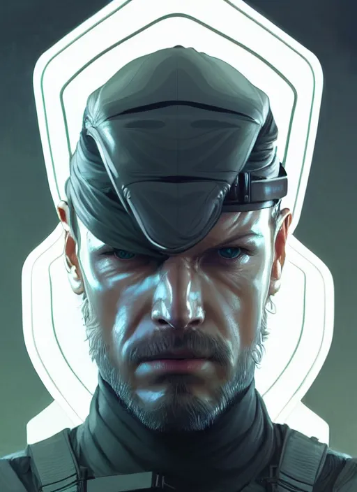 Image similar to symmetry!! portrait of solid snake, metal gear solid, tech wear, glowing lights!! intricate, elegant, highly detailed, digital painting, artstation, concept art, smooth, sharp focus, illustration, art by artgerm and greg rutkowski and alphonse mucha