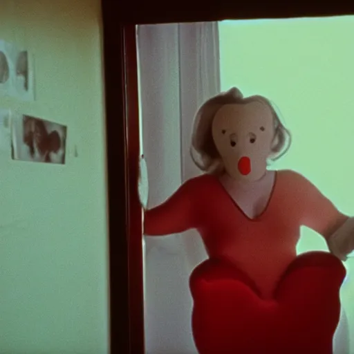 Image similar to still from a 1993 arthouse film about a depressed housewife dressed as a squishy inflatable smiley who meets a handsome younger man in a seedy motel room, color film, 16mm soft light, weird art on the wall