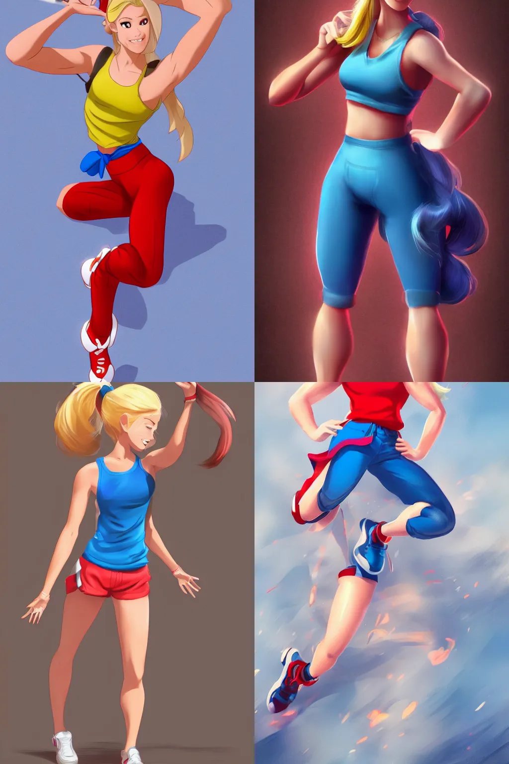 Prompt: photorealistic Disney, an short, cute, athletic young woman with blonde ponytails, a determined and enthusiastic expression, wearing a red tank top and voluminous blue pants, concept art, full body shot, action pose, trending on pixiv