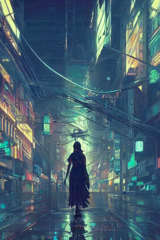 Image similar to futuristic cyberpunk, streets of calcutta , tram, sci-fi, fantasy, intricate, very very beautiful, elegant, neon light, highly detailed, digital painting, artstation, concept art, smooth, sharp focus, illustration, art by alphonse mucha and tian zi and WLOP