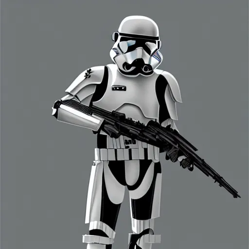 Image similar to a long shot of an imperial stormtrooper in battle position ready to shoot his blaster concept art by Doug Chiang cinematic, realistic painting, high definition, very detailed, extremely high detail, photo realistic, concept art, the Mandalorian concept art style