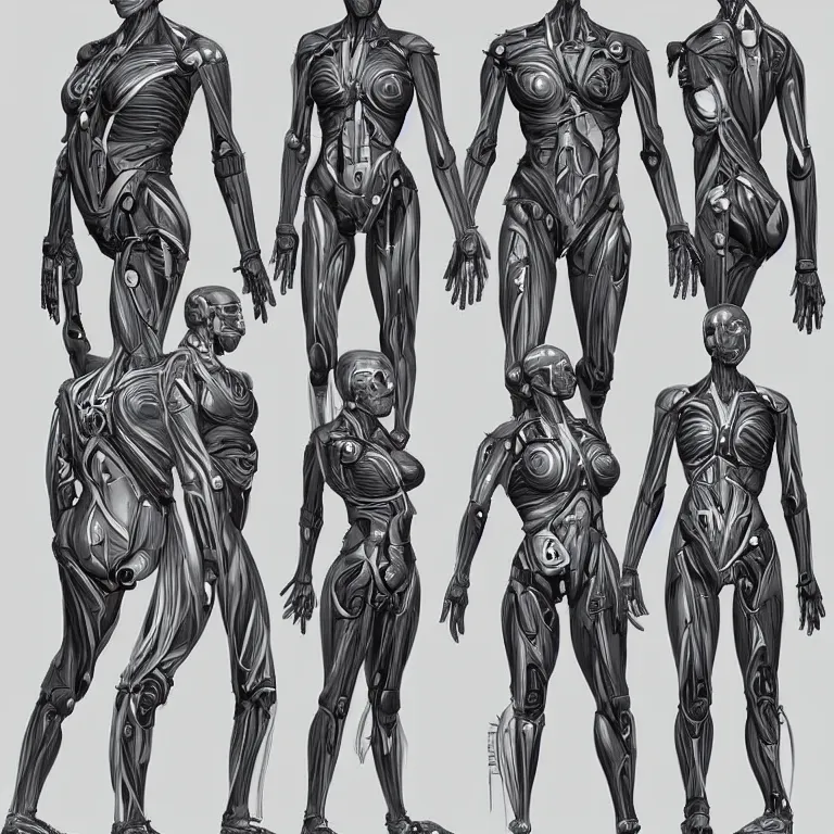 Image similar to symmetry!! human anatomy with cybernetic implants, gun metal grey, mecha, three - perspective / three - view reference sheet ( front / back / side ), muscles reference art, bionic, digital art, in the style of amanda lilleston, luka mivsek, bryan christie, artstation, pinterest, deviantart, photoshop, unreal engine