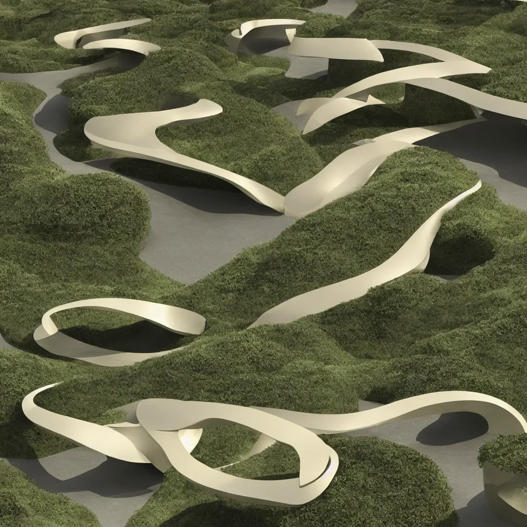 Image similar to “ an incredibly smooth curvilinear architectural immersive physical sculpture, unfolding continuous golden surfaces enclose a visually satisfying garden designed by zaha hadid, architecture render ”