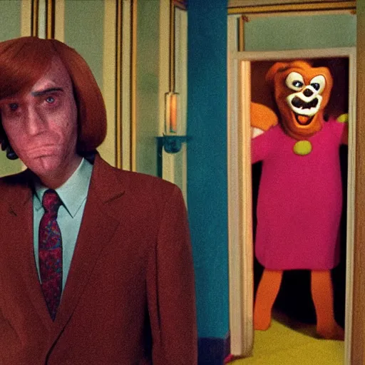 Prompt: Scooby-Doo characters in the Overlook Hotel in The Shining