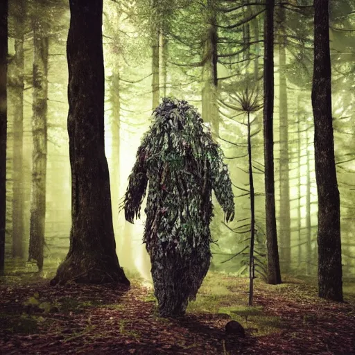Prompt: a man wearing a white ghillie suit, walking through a forest, sunny day, octane render, ray traced, sun rays, extremely high detail