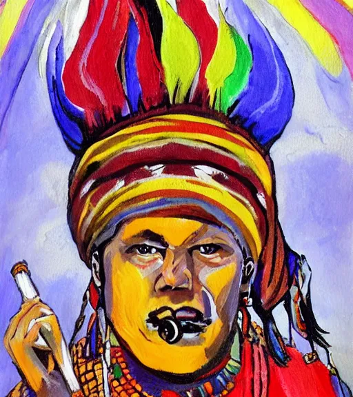 Image similar to Painting of a shaman dressed in a colorful traditional clothes. He is smoking a pipe. From the pipe there is a whole universe escaping and filing the sky