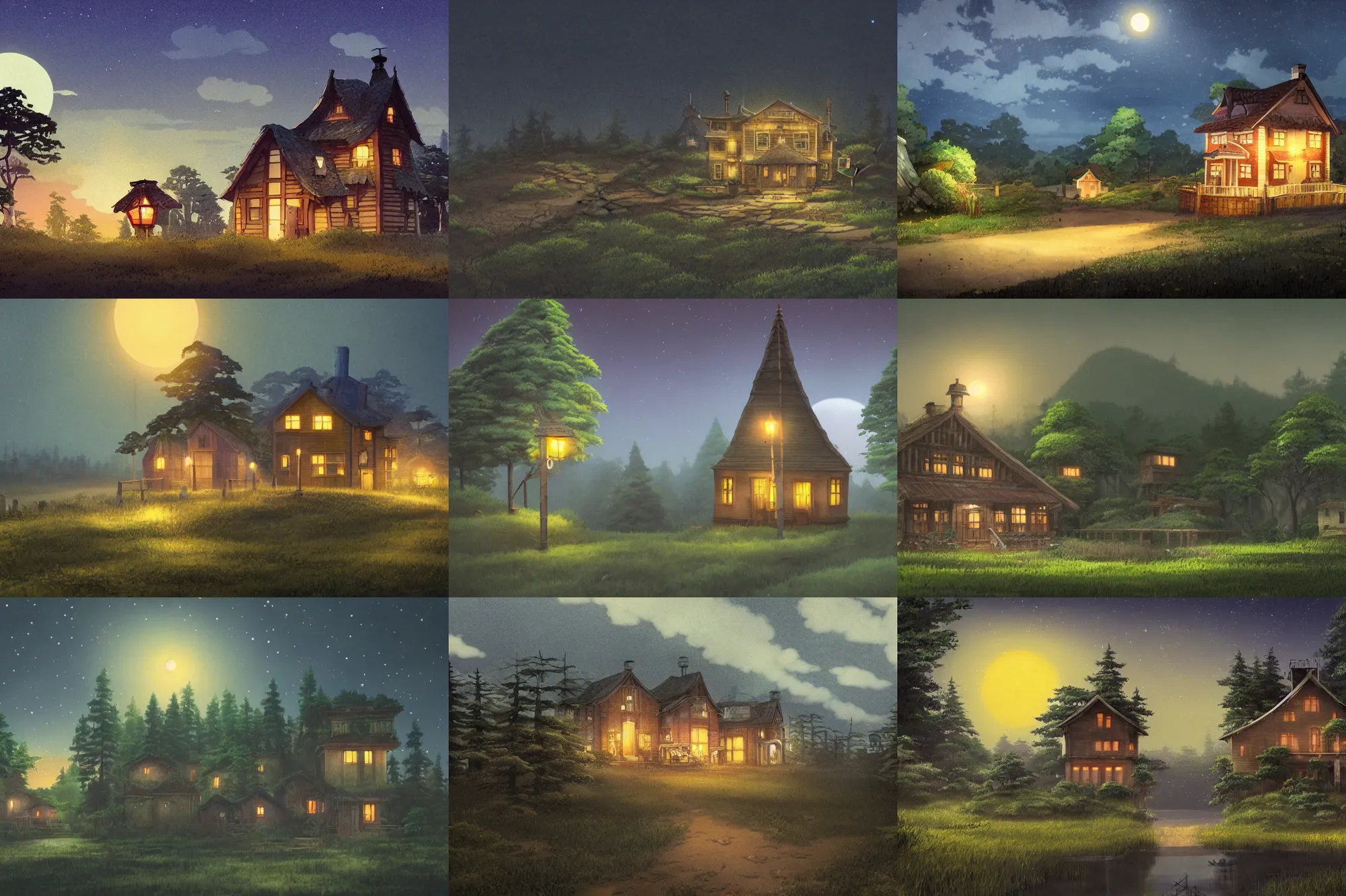Prompt: A highly detailed matte painting of a lone house at night, forest, beautiful scenery, gas lamps, by Studio Ghibli