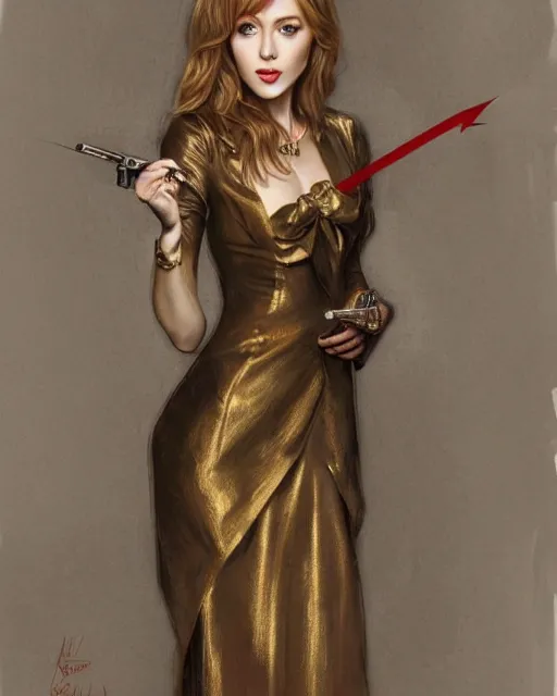 Image similar to katherine mcnamara wearing a golden dress, grey hair, red necktie, cinematic, stunning, highly detailed, digital painting, artstation, smooth, hard focus, full body shot, illustration, art by artgerm and greg rutkowski and alphonse mucha