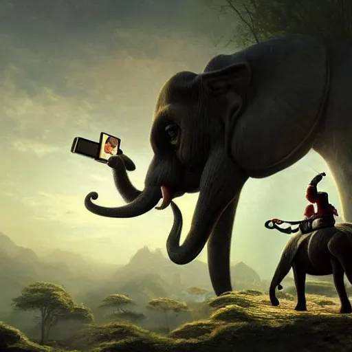 Image similar to Paul chuckle taking a selfie while riding an elephant, fantasy painting, soft lighting, artstation, 4k