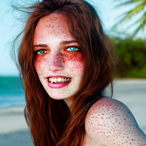 Image similar to portrait of a cute thin young woman, bronze brown hair, emerald green eye color, red blush, cute freckles, smug smile, modern clothes, relaxing on the beach, golden hour, close up shot, 8 k, art by irakli nadar, hyperrealism, hyperdetailed, ultra realistic