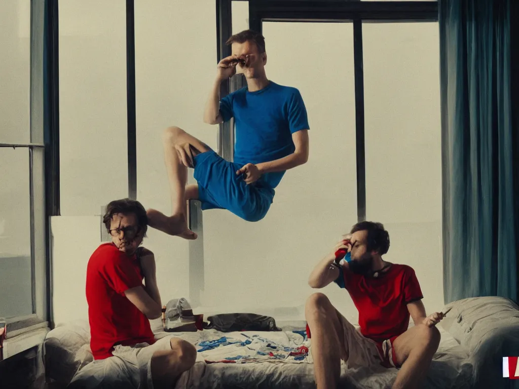 Image similar to single man sitting by the window, smoking a cigarette, blue shorts, red adidas shirt, bedroom, small fan, night, dimly lit, in the style of wes anderson, no double figure