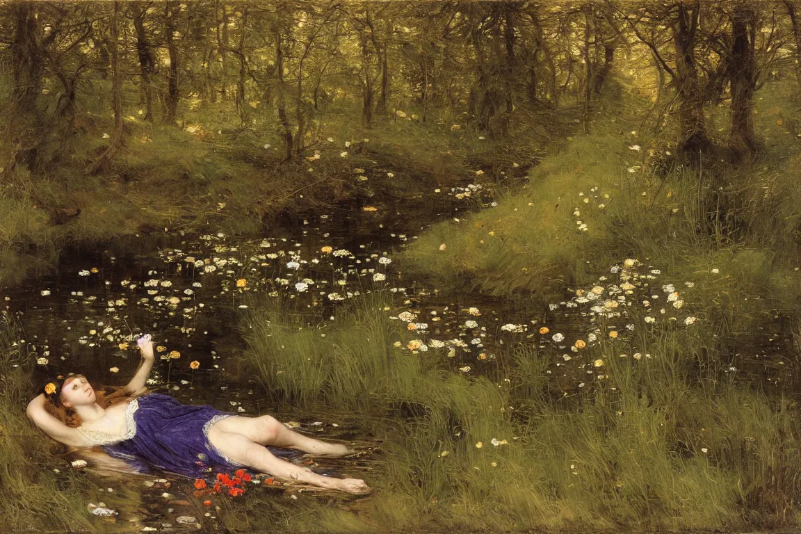Prompt: John Everett Millais. Wide shot of apathic pale beautiful Ophelia horizontal in a dark shallow stream with open mouth. Moor. She is in the lower third of the picture. Scary dark forest, flowers are everywhere. Golden brown dress with vibrant details, light dark very long hair. Poppies, daisies, pansies. Naturalistic strong vibrant green colors. Fine brush strokes. Mysterious and realistic. The forest is littered. Colors very saturated, dark green, rich red, cool blue. Deep Perspective. Realistic. 85mm. Museum
