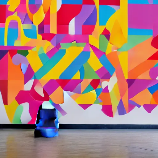 Prompt: a large rubber duck sits alone in a large room next to a birthday cake, the walls are covered with colorful geometric wall paintings in the style of sol lewitt.