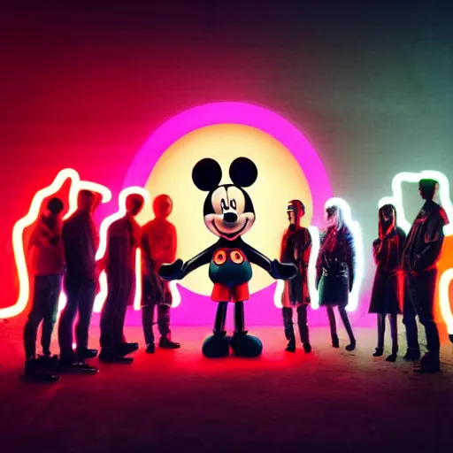 Prompt: a group of people standing around a giant bloody wounded head of mickey mouse, neon netflix logo, cyberpunk art by david lachapelle, cgsociety, sots art, dystopian art, reimagined by industrial light and magic, dark obscure neon concept art