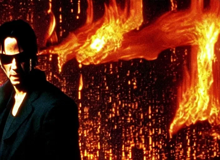 Prompt: Movie still of Keanu Reeves as Neo in The Matrix movie doing a thumb up to the camera in front on burning servers, servers in flames in the background, doing a thumb up, The Matrix servers on fire, uncropped, full body, crispy, symmetrical face, ultra detailed, cinematic, thumb up, double thumb up to the camera