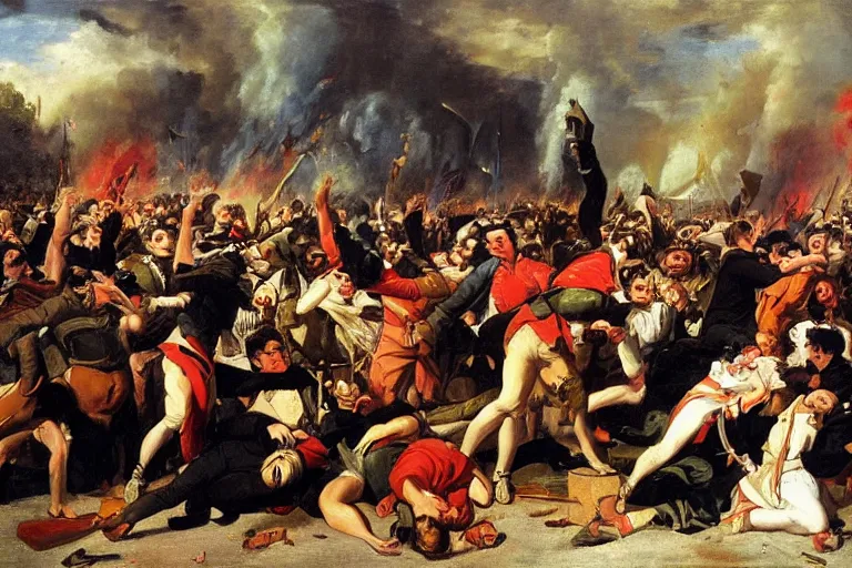 Image similar to protesters riot against war, in style of Karl Bryullov,