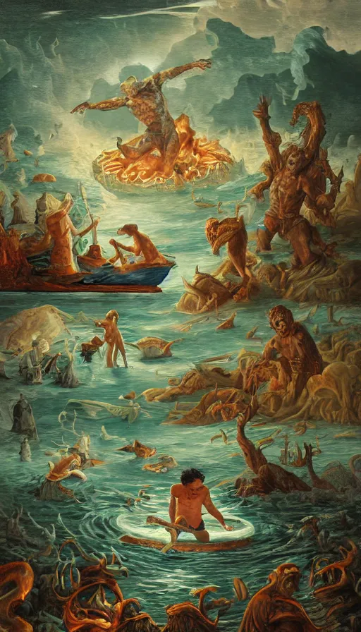 Prompt: man on boat crossing a body of water in hell with creatures in the water, sea of souls, by david eichenberg