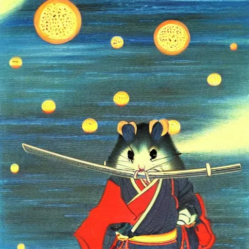 Image similar to japanese hamster samurai. with long sword. anime art. painting. rain of meteors on background