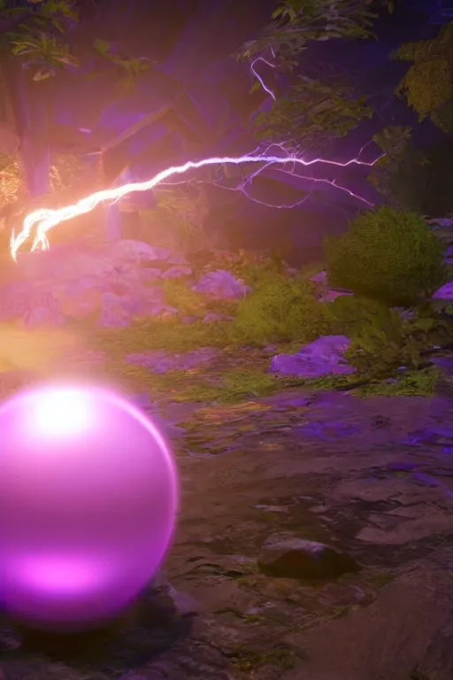 Image similar to a glowing magical orb flickering with purple and green lightning, unreal engine, path tracing