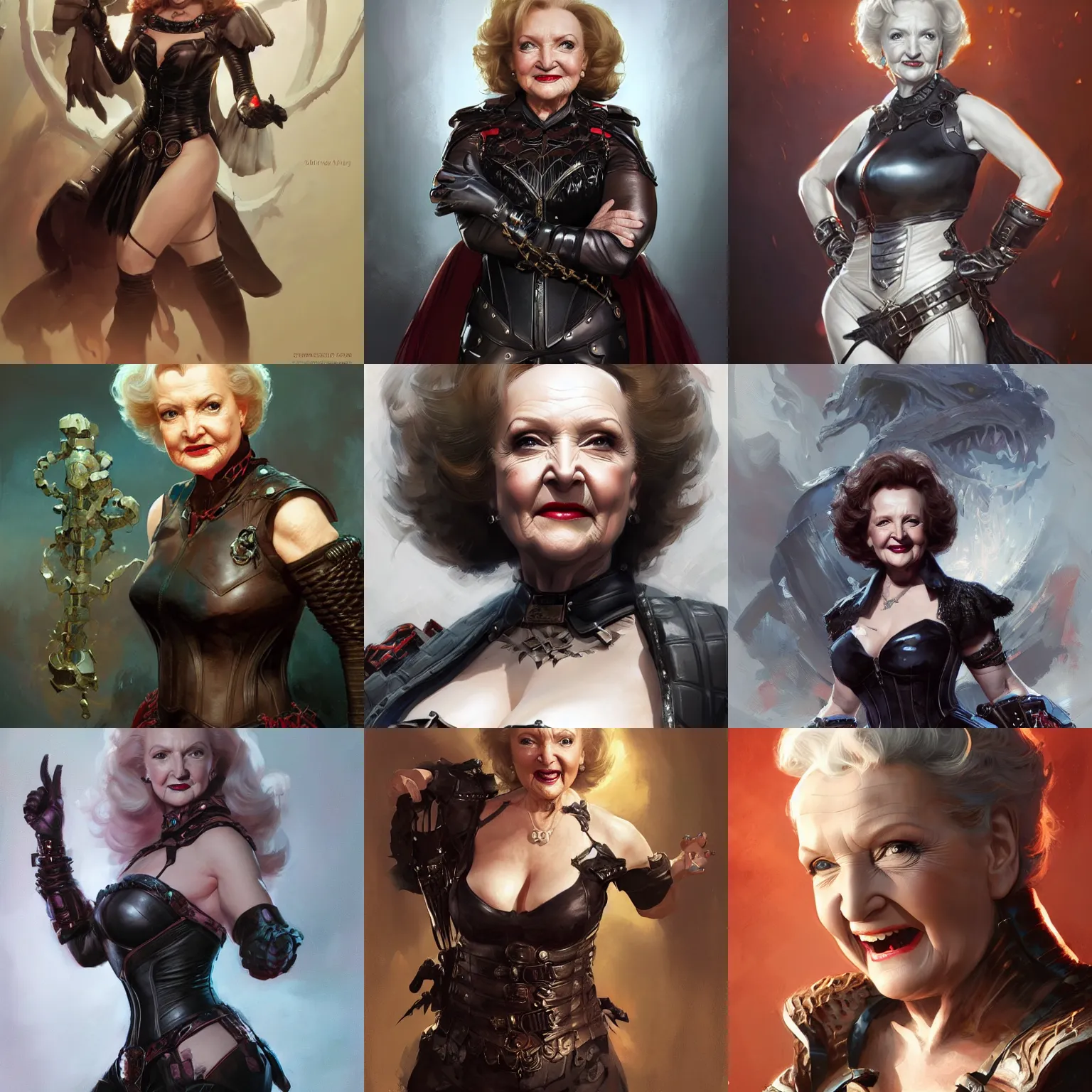 Prompt: portrait betty white, marvel comics, dark leather corset, intricate, highly detailed, magic, smooth, artstation, digital illustration by ruan jia and mandy jurgens and artgerm and wayne barlowe and greg rutkowski