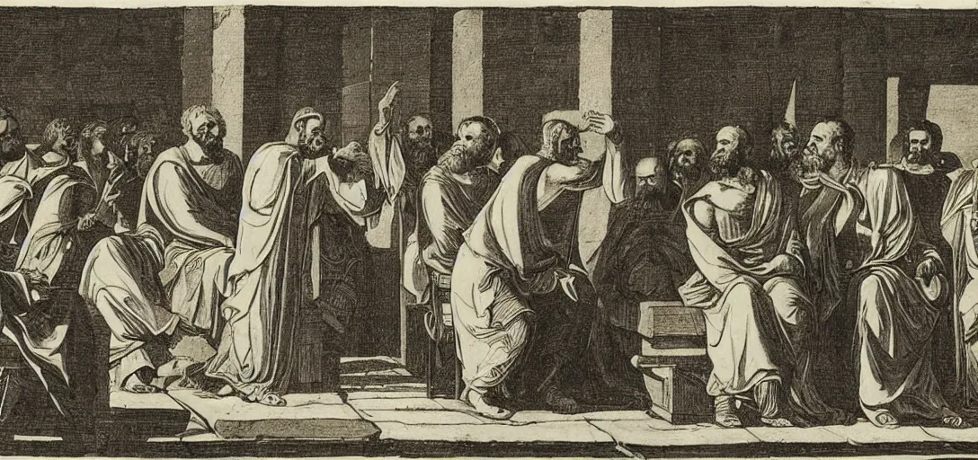 Image similar to origen of alexandria debates with epiphanius of salamis on a presidential debate stage