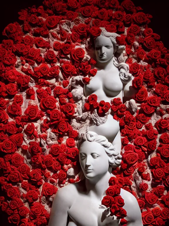 Prompt: portrait art venus of milo sculpture made of white marble, concept art, red roses exploding from her heart, volumetric lighting, hyperrealistic, focused, extreme details, masterpiece, fine details