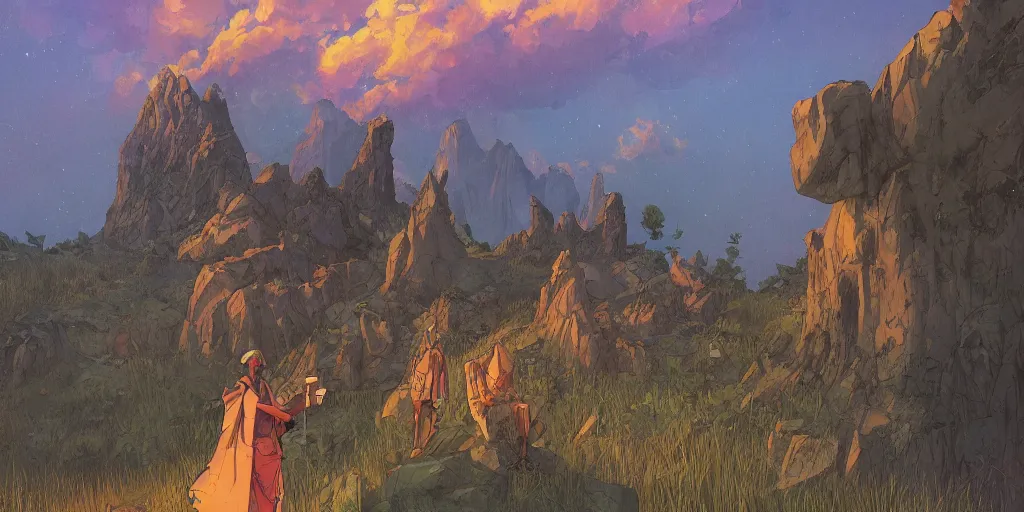 Image similar to an african magic school on the mountains, comics art, cinematic volume lighting, 4k, illustration, epic scene, trending on artstation, art by ghibli moebius