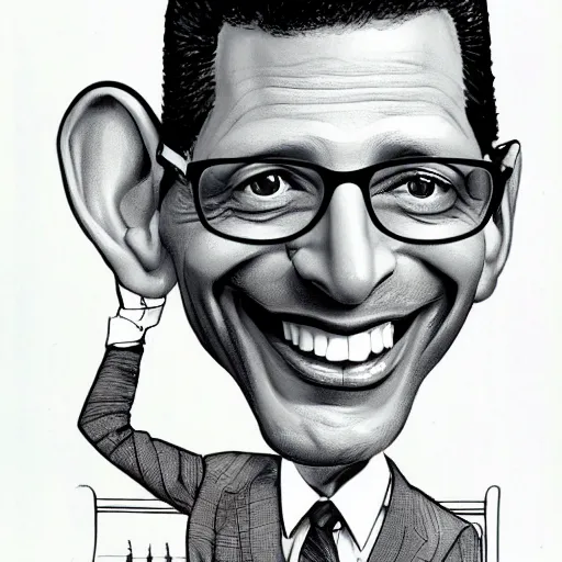 Prompt: a caricature portrait of Jeff Goldblum drawn by Mort Drucker Mad Magazine