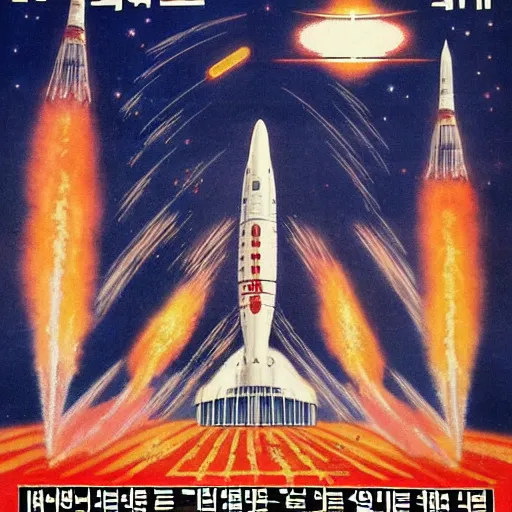 Image similar to [North Korean space mission, 1950 poster, very detailed, cinematic lighting, matte, sharp, photography]