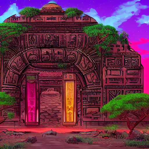 Prompt: ancient structure of africa, retrowave epic art, trending on art station